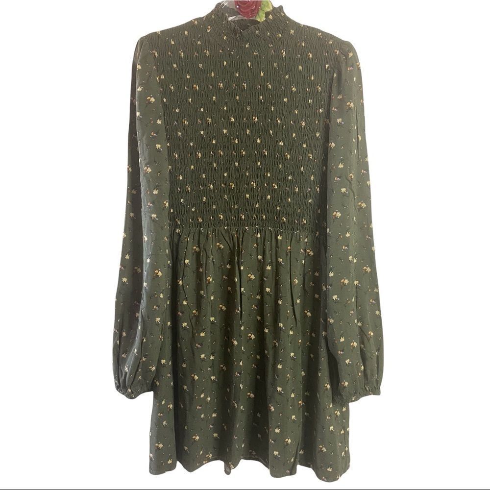 Target Women’s Olive Ditsy Floral Mini Dress Mock Neck Long Sleeve Smocked Boho